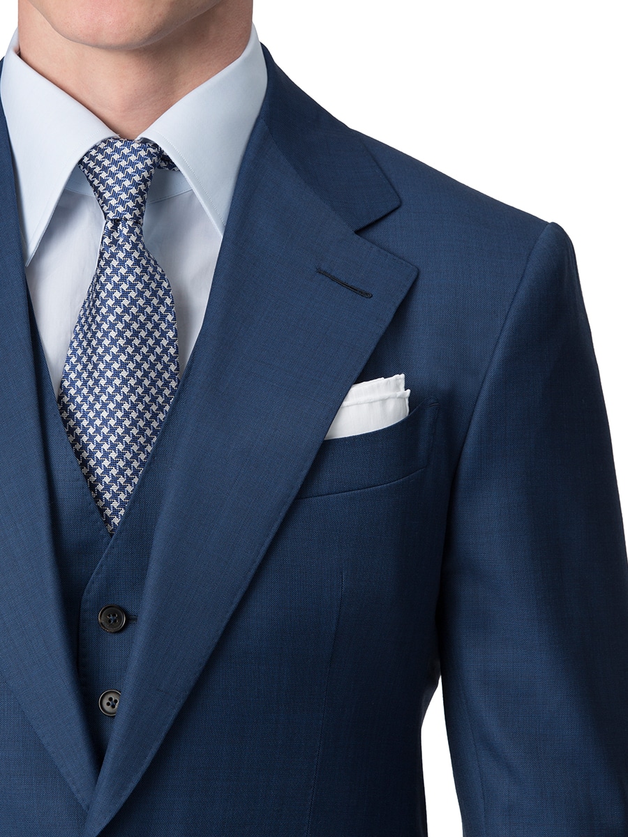 (product) Marine Blue Sharkskin Bespoke Suit, lapel detail - custom suits nyc bespoke tailor midtown, noho