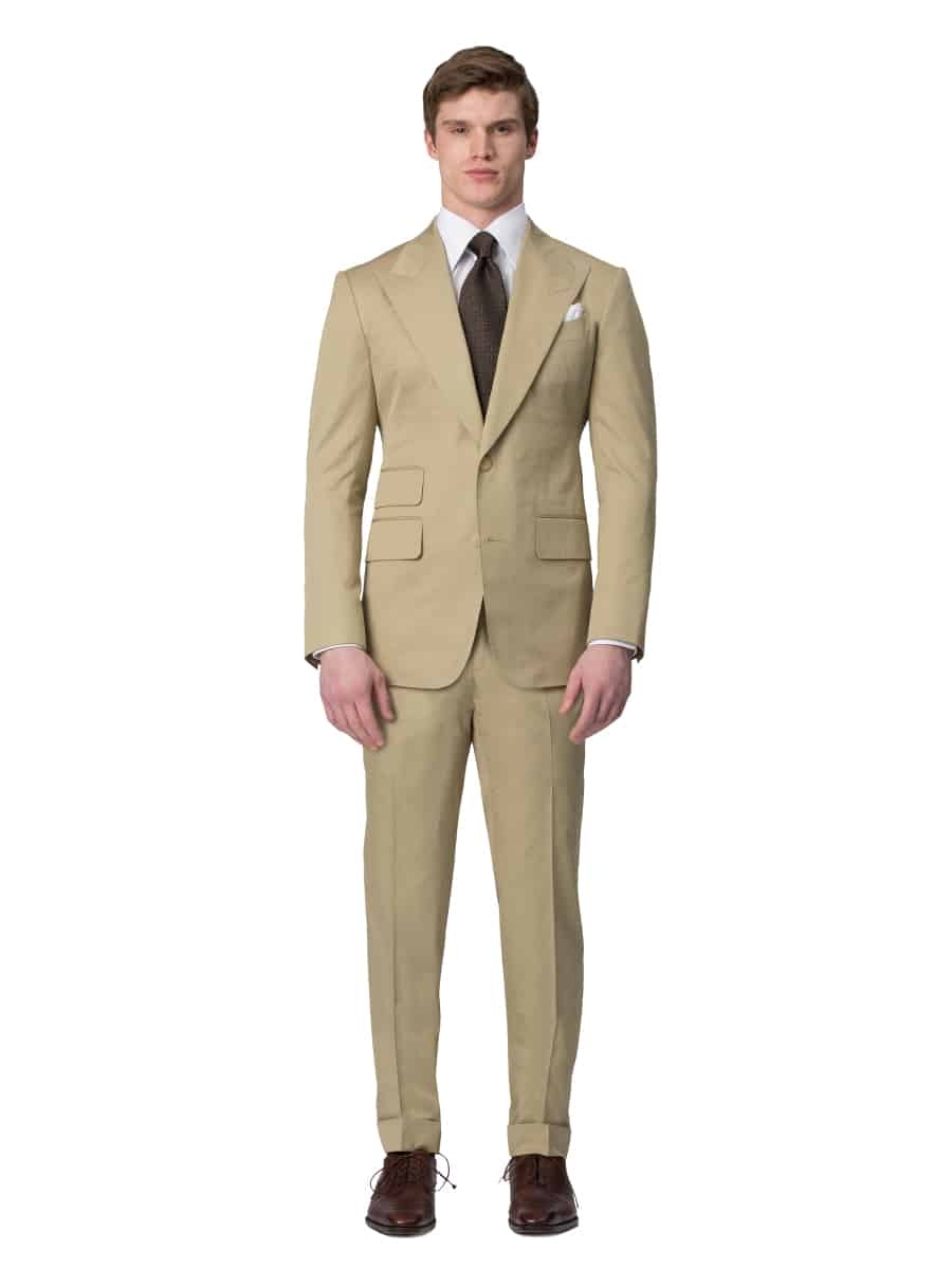 (product) Khaki Cotton Bespoke Suit, full front view - custom suits nyc bespoke tailor midtown, noho