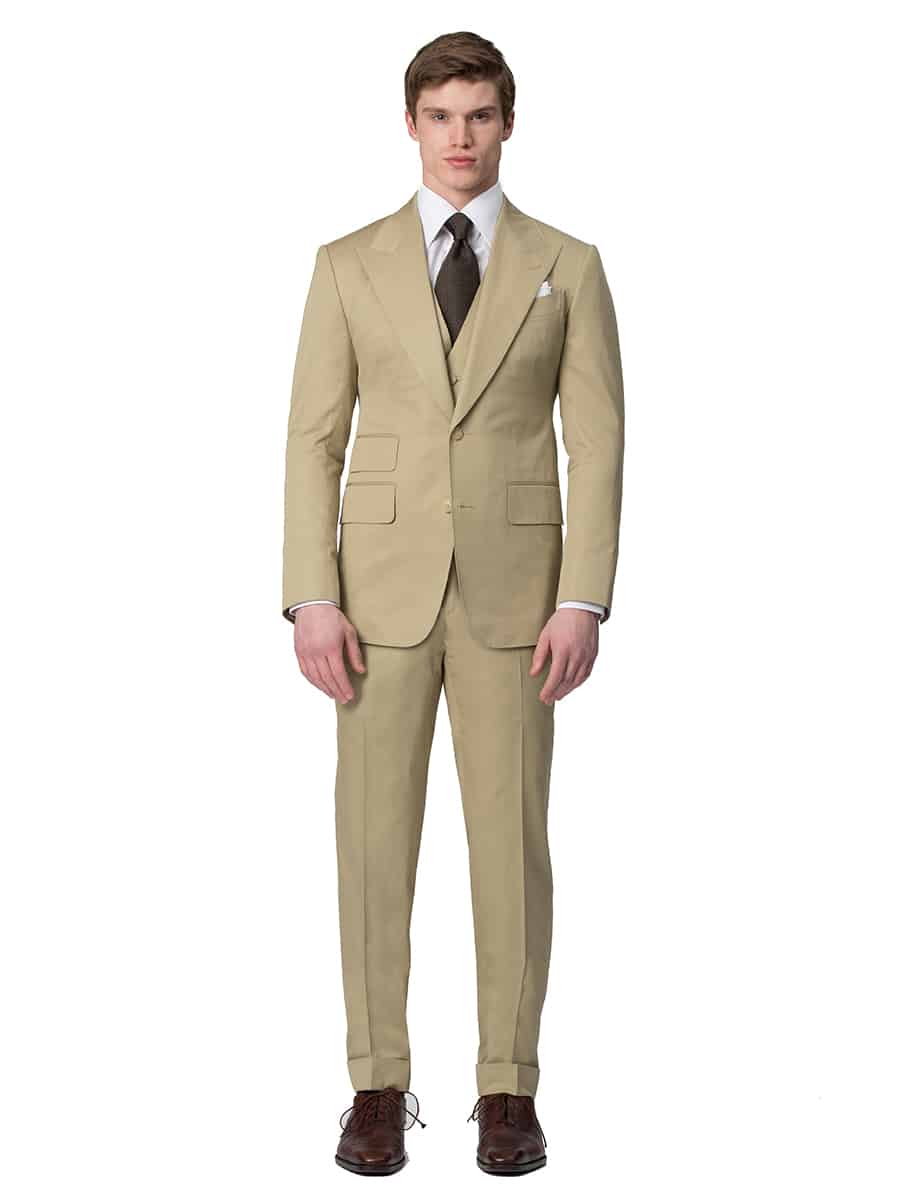 (product) Khaki Cotton Bespoke Suit, full front view - custom suits nyc bespoke tailor midtown, noho