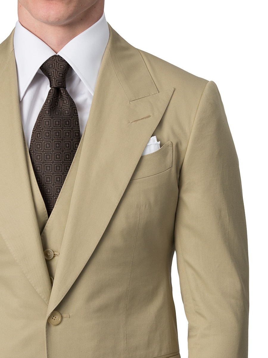 (product) Khaki Cotton Bespoke Suit, lapel detail - custom suits nyc bespoke tailor midtown, noho