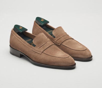 (product) Titus Suede Loafer Farro, Angled pair view - custom suits nyc bespoke tailor midtown, noho