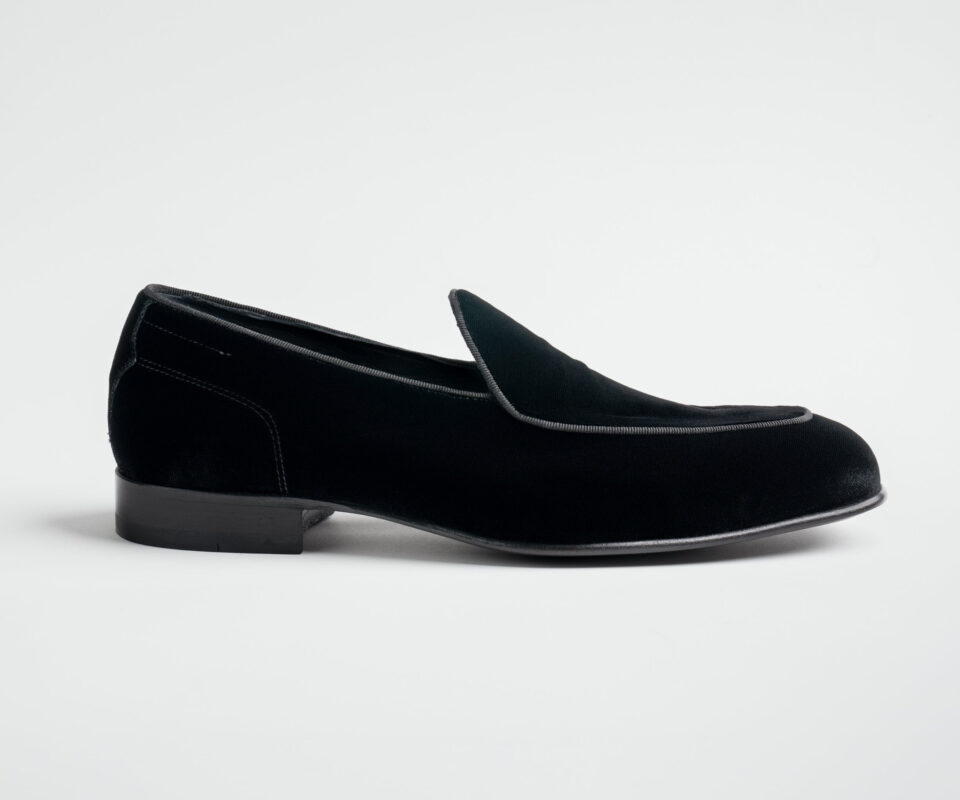 (product) Vomero Velvet Nero Formal Shoe, Single shoe side view - custom suits nyc bespoke tailor midtown, noho