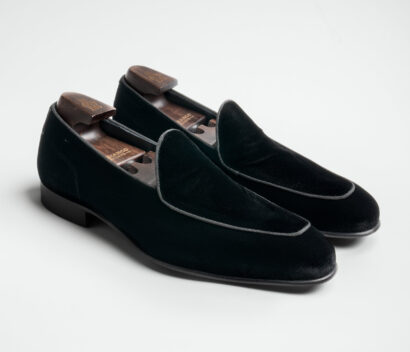 (product) Vomero Velvet Nero Formal Shoe, Angled pair view - custom suits nyc bespoke tailor midtown, noho