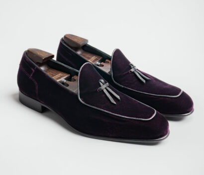 (product) Vomero Velvet Prugna Formal Loafer, Angled pair view - custom suits nyc bespoke tailor midtown, noho