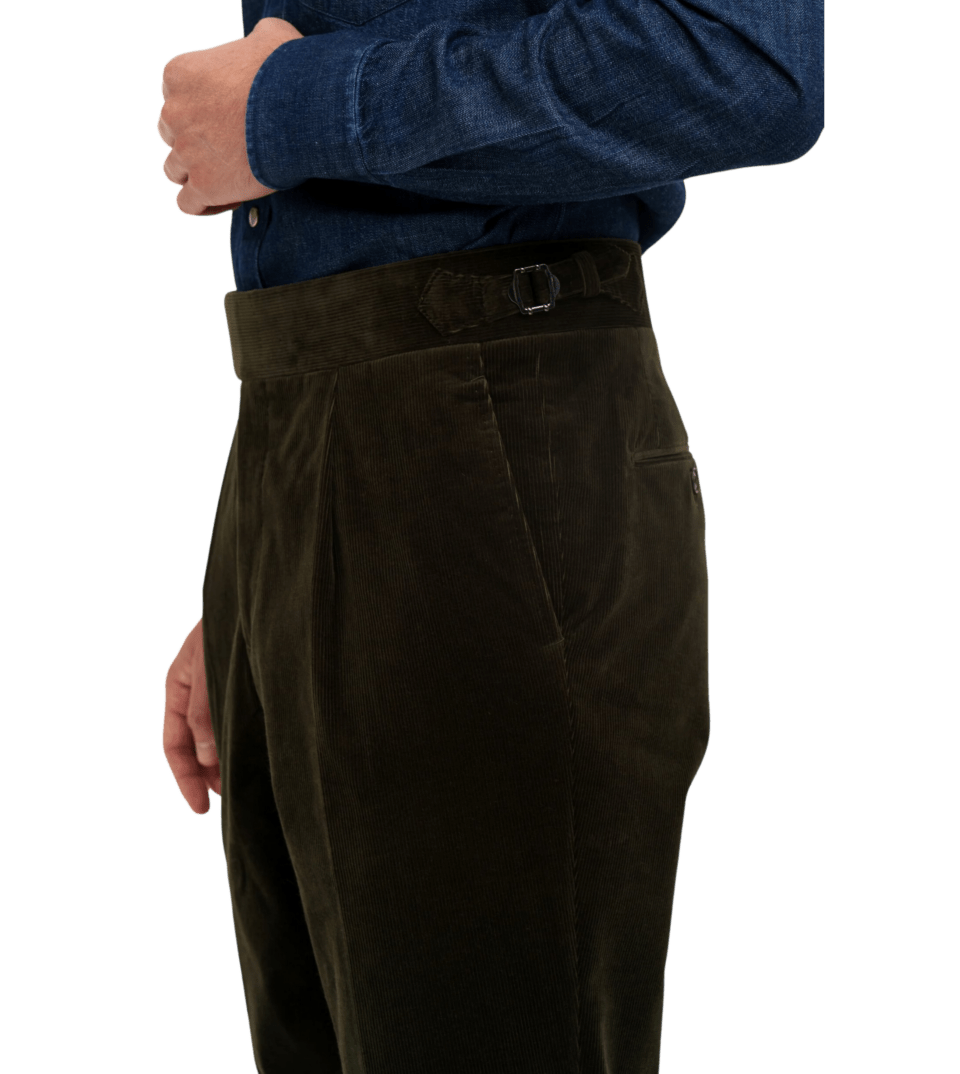 Michael-Andrews Custom Olive-Green-Corduroy-Trousers-Side-View - custom suits nyc bespoke tailor midtown, noho