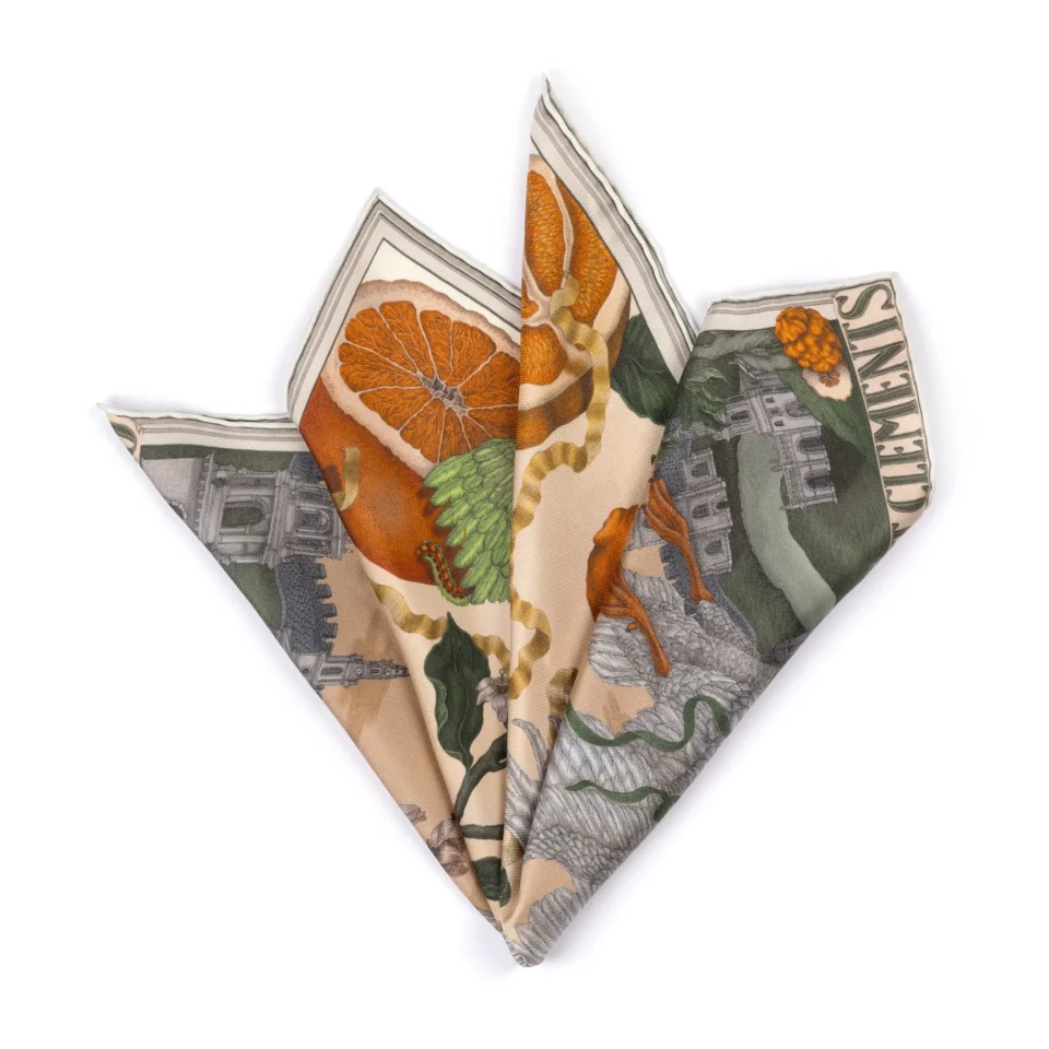 Oranges and Lemons Sabina Savage Pocket Square in Citrine and Zest - folded