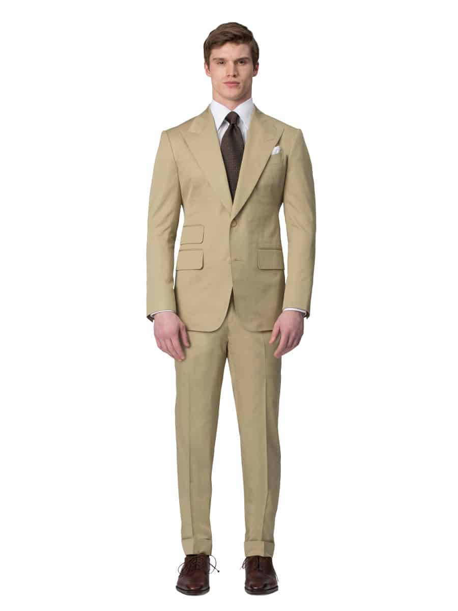 (product) Khaki Cotton Bespoke Suit, full front view - custom suits nyc bespoke tailor midtown, noho