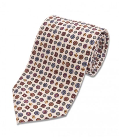 (product) Ivory with Blue, Orange, Green Small Medallion Silk Necktie, Rolled - custom suits nyc bespoke tailor midtown, noho