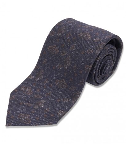 (product) Navy with Brown Floral Silk Necktie, Rolled - custom suits nyc bespoke tailor midtown, noho