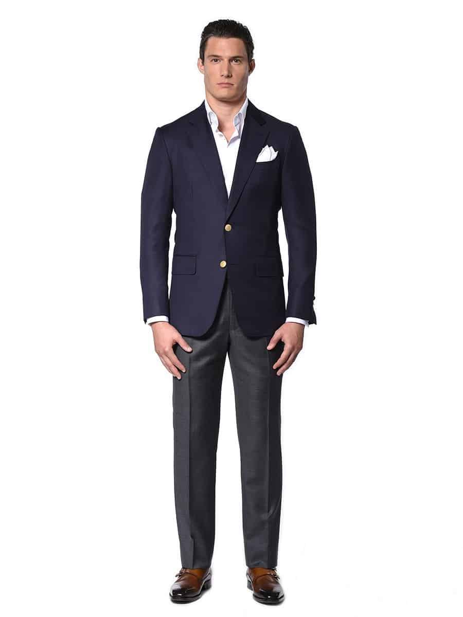 (product) Navy Hopsack Classic Bespoke Sport Coat, full front view - custom suits nyc bespoke tailor midtown, noho