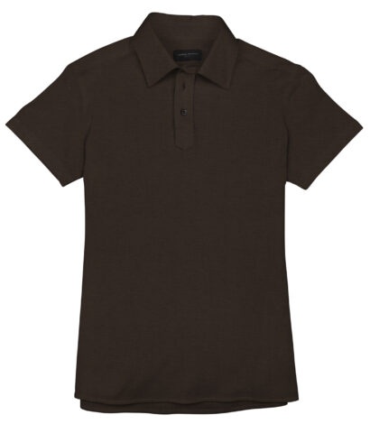 (product) Brown Pique Short Sleeve Polo Shirt, shown in a flat layout - custom suits nyc bespoke tailor midtown, noho