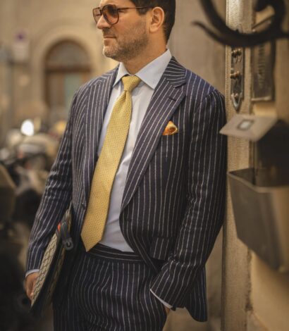 michael-andrews-blue-pinstripe-suit-large-square-2 - Denim Blue Chalk Stripe Suit with Silk Knots - custom suits nyc bespoke tailor midtown, noho
