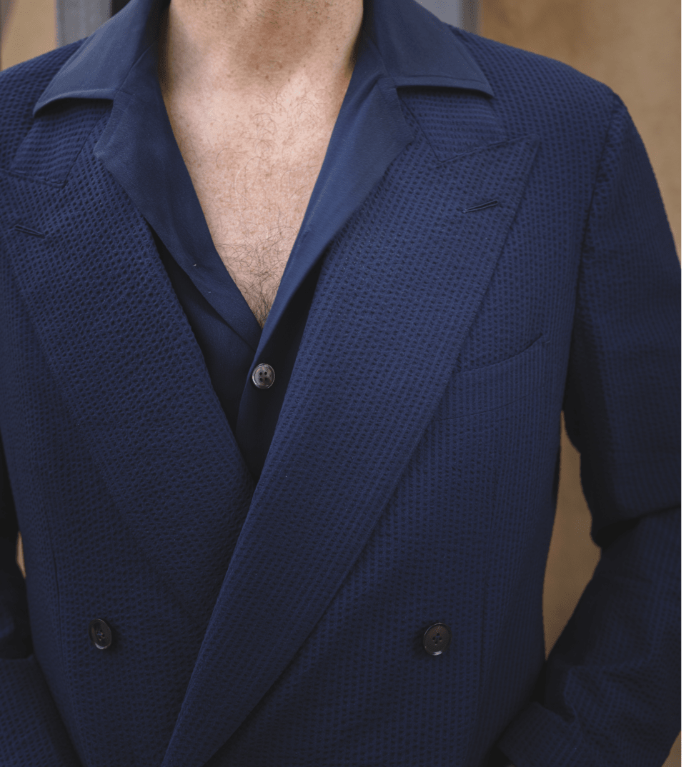 Solid Navy Seersucker Suit Close Up - custom suits nyc bespoke tailor midtown, noho