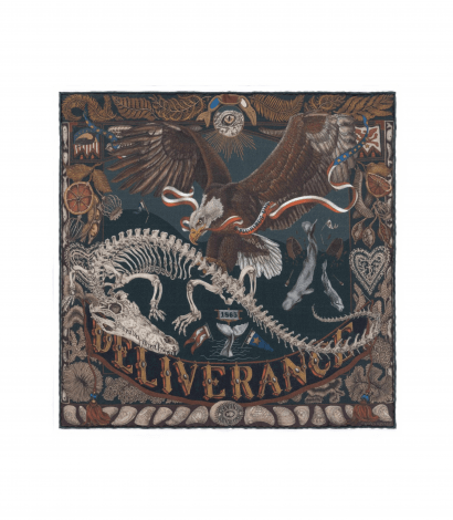 The Scrimshaw Skeleton Silk Pocket square in Kelp and Canvas by Sabina Savage - flat image