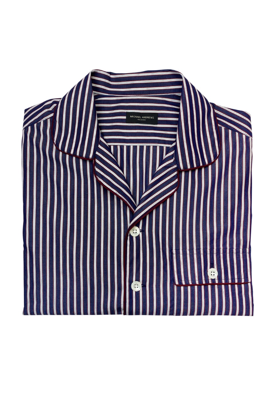 (product) Red & Dark Blue Stripe Pajama Shirt, laid flat to emphasize its casual elegance - custom suits nyc bespoke tailor midtown, noho
