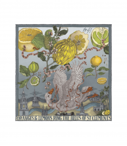 Oranges and Lemons Pocket Square by Sabina Savage in Acid and Smog- Flat image